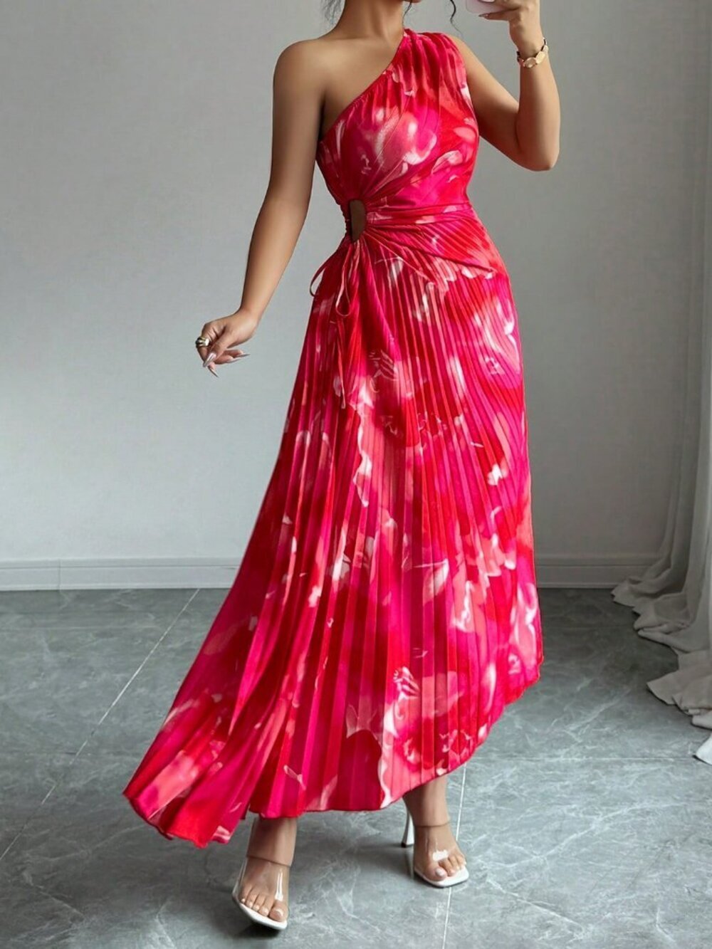Red Elegant Women's Asymmetric Shoulder Pleated Cutout Floral Dress - Picture 6 of 6